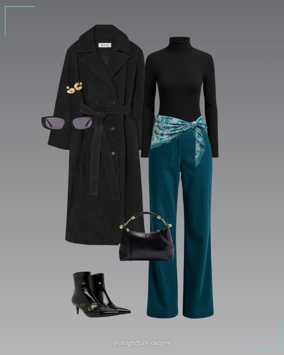 La Ligne Refined Layers  💚🖤La Ligne Alain trouser, La Ligne Le Turtleneck, suede belted wrap coat, teal floral satin scarf, buckle kitten boots, small leather crossbody, cuffed square sunglasses & Tome hoop earrings. 

 #LTKgrwm #LTKootd #LTKOver40