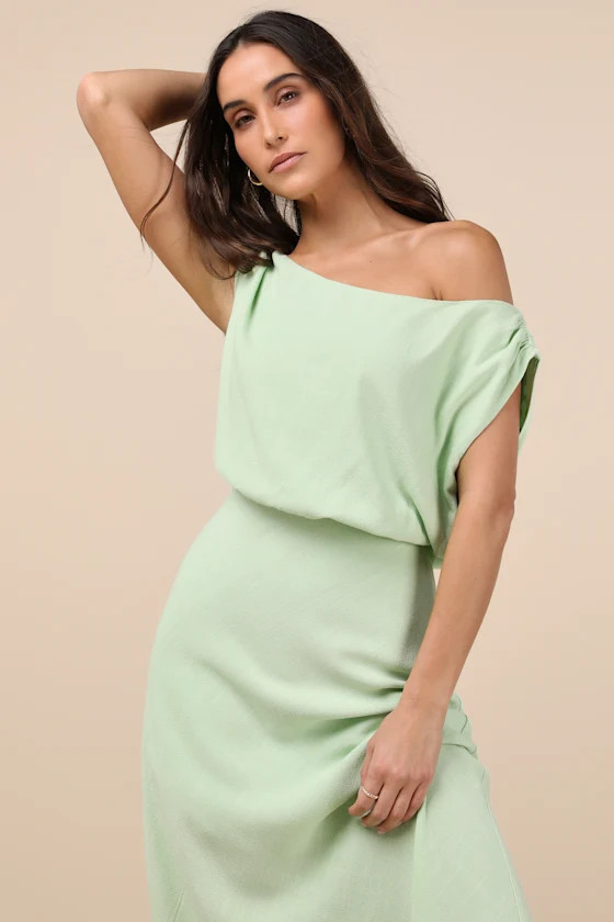 Casual Enchantment Mint Green Linen Off-the-Shoulder Midi Dress | Lulus