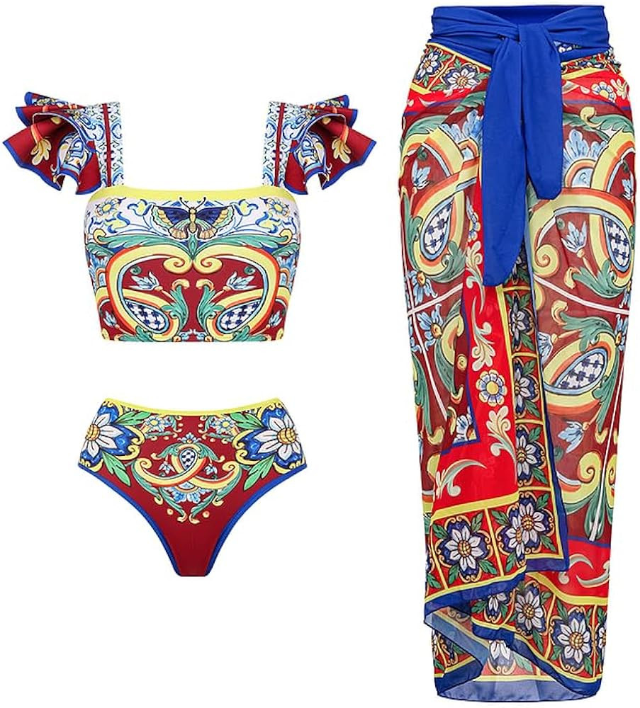 FLAXMAKER Vintage Royal Print Ruffle Printed Bikini Swimsuit and Skirt | Amazon (US)