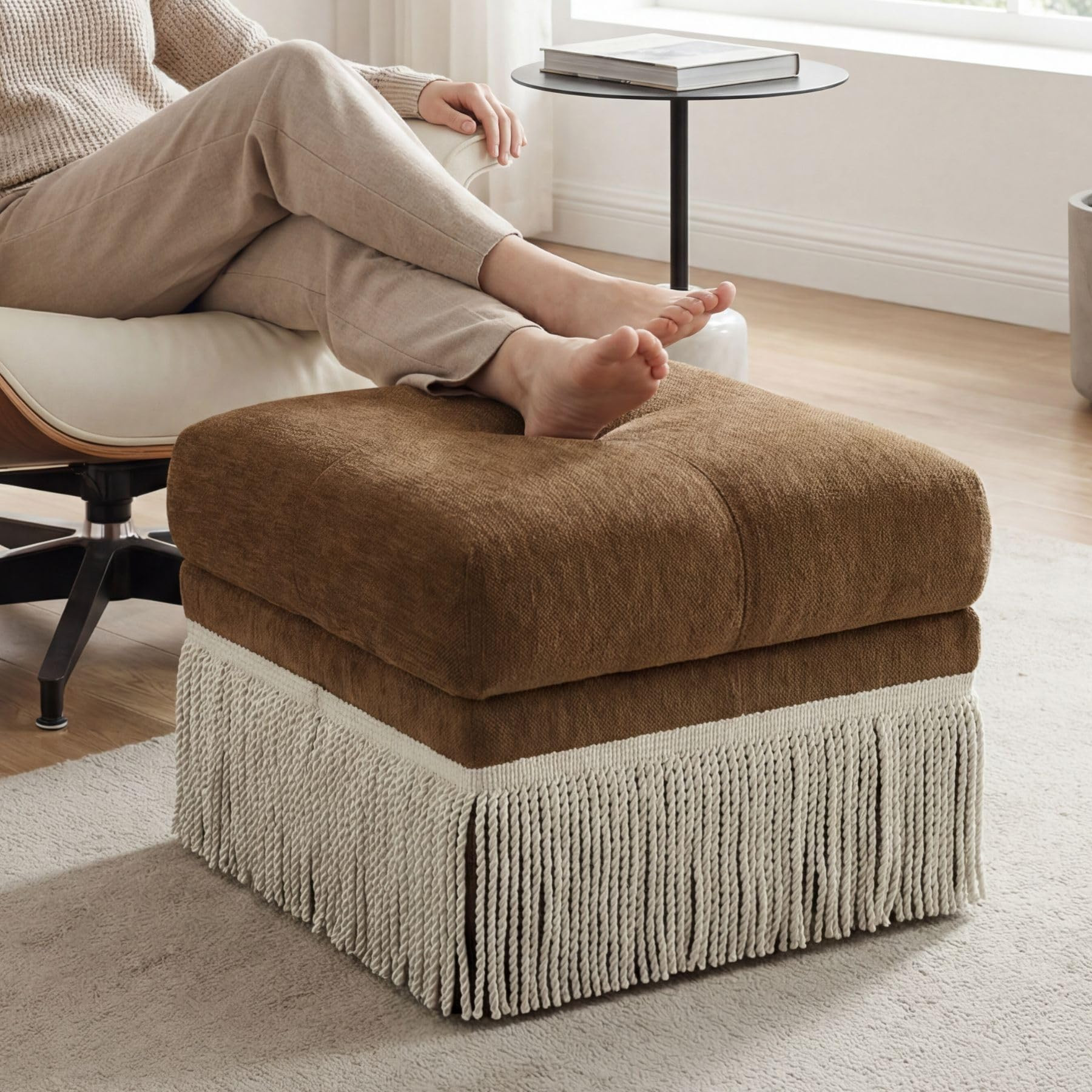 Brown Upholstered Accent Ottoman with Tassels, 22 Inch Square Plush Footstool Ottomans Bench for ... | Amazon (US)