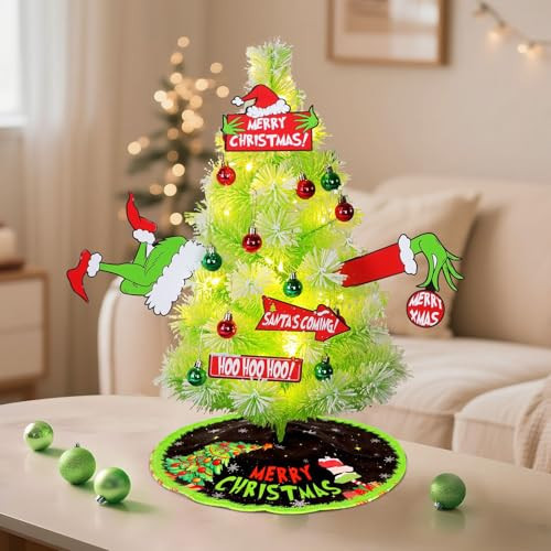 Grinchs Christmas Tree 24 in / 2 FT, Snow Flocked Pine Tree with Ornaments, Tree Skirt & Card Decor, Mini Xmas Tabletop Tree for Indoor Christmas Decorations, Office, Fireplace | Amazon (US)