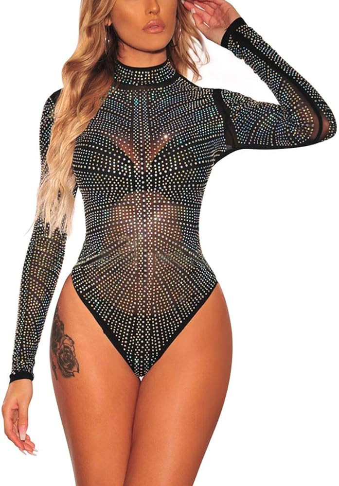 Lrady Women's Sheer Mesh Turtleneck Neck See Through Leotard Bodysuit Body Tops | Amazon (US)