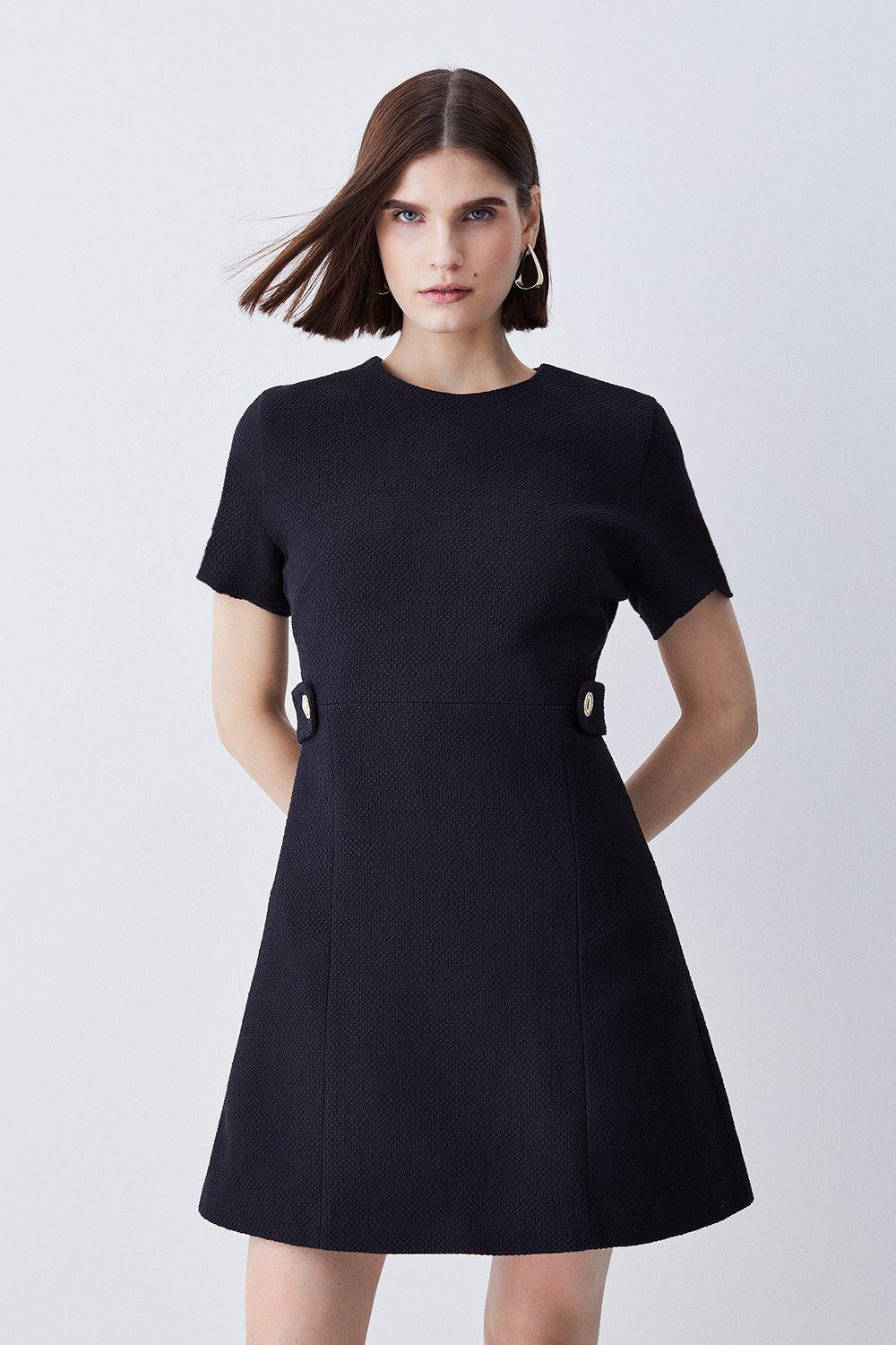 Boucle Tab Button Detail A Line Mini Dress | Karen Millen US