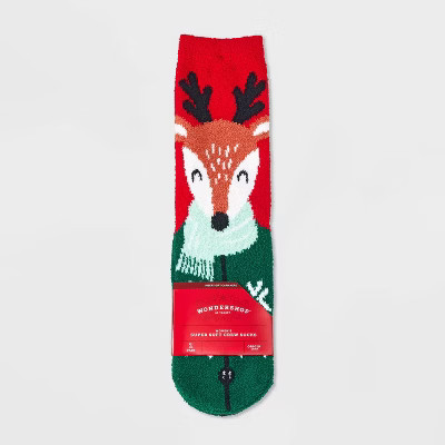 Women's Winter Reindeer Cozy Christmas Crew Socks with Gift Card Holder - Wondershop™ Red/Dark Green 4-10 | Target