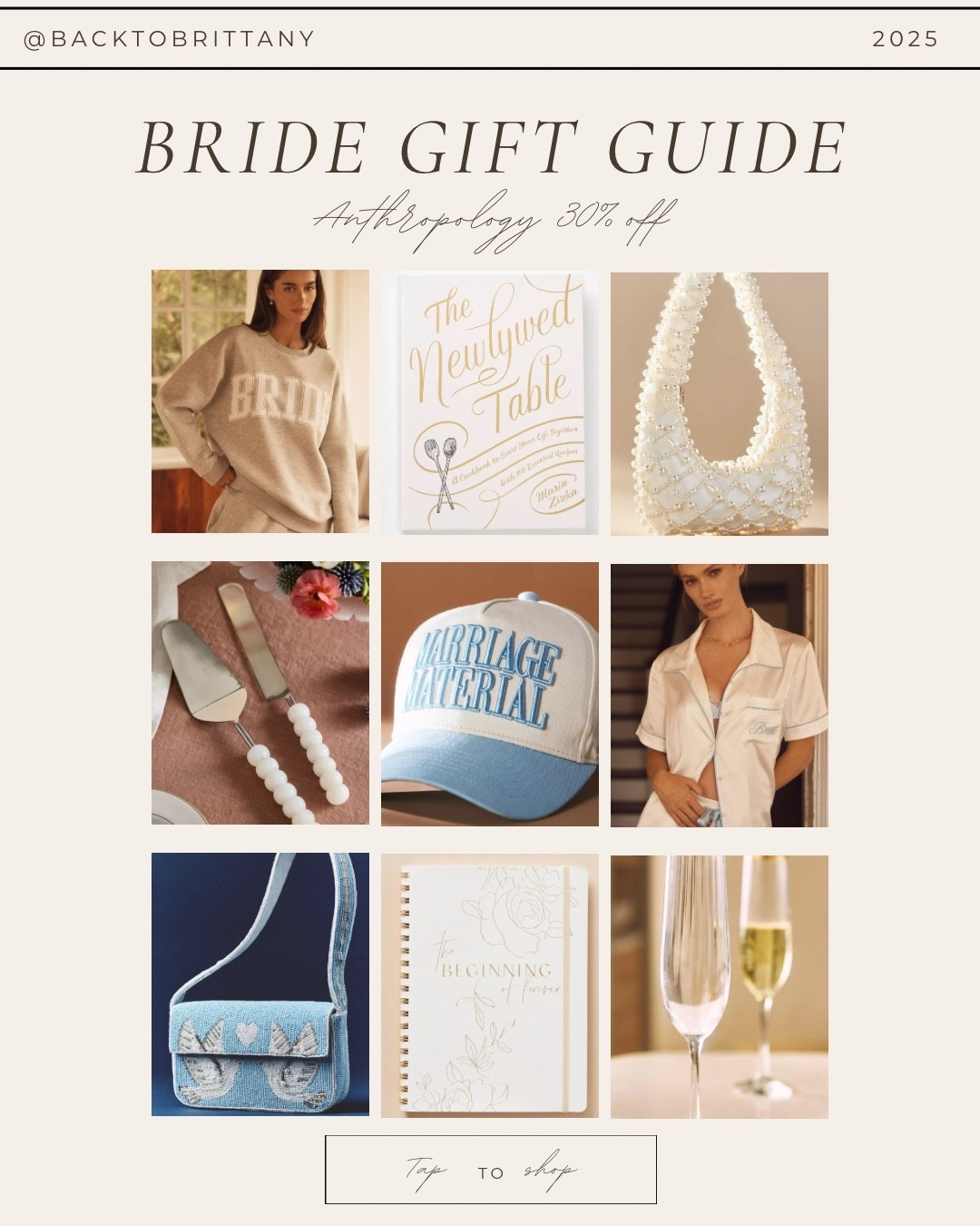 Holiday gift guide for the bride. Anthropology 30% off Black Friday sale.

Gifts for the bride, bridal gifts, gifts for the newly engaged. Bridal gifts from anthropology.

Marriage material hat, pearl sequin bag, bride hoodie, pearl cake cutting knifes, bride satin pjs, newlywed, cookbook, bridal planner, bride, flute, glasses, wedding gifts

#LTKGiftGuide #LTKCyberWeek #LTKWedding
