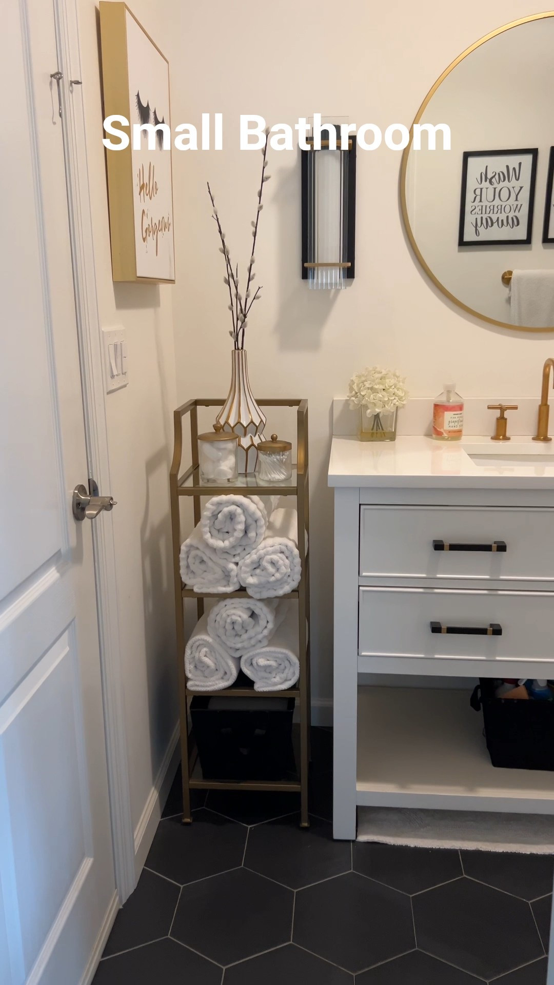 Our Small Guest Bathroom doesn’t have a lot of storage space so we added this cute etagere. On the top we have a decorative vase with canisters, six towels and a basket on the bottom with toilet paper. It’s need a game changer to maximize the space. Happy designing! 

#LTKHome #LTKBeauty #LTKStyleTip