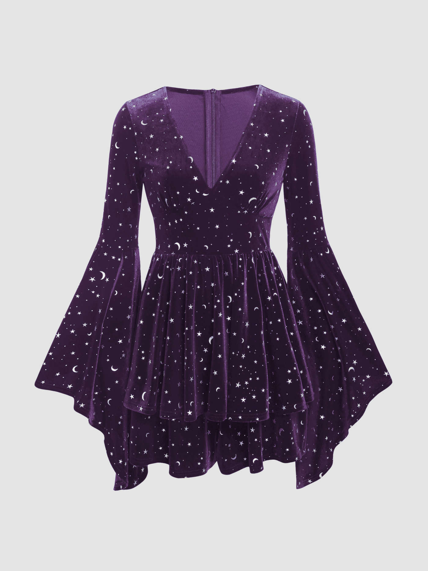 Velvet V-neck Star & Moon Pattern Bell Sleeve Romper | Cider
