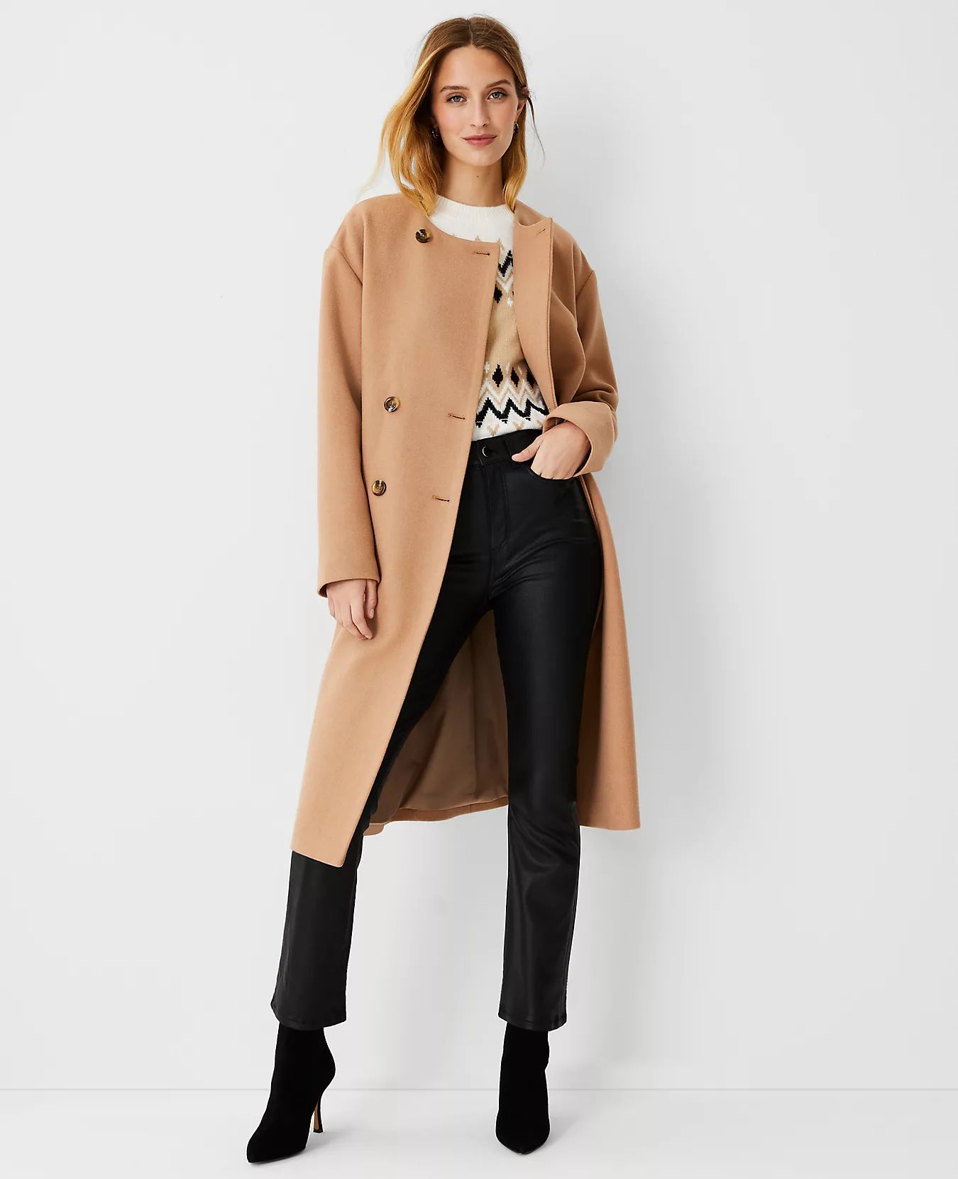 Wool Blend Collarless Double Breasted Coat | Ann Taylor (US)