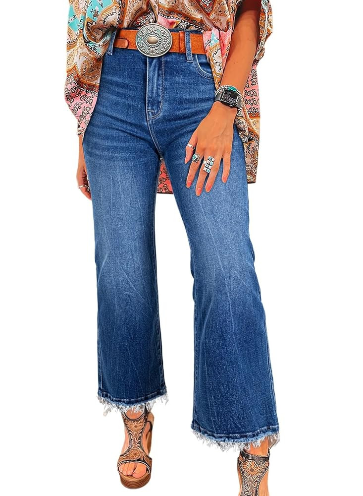 Astylish Womens High Waisted Jeans Stretchy Flared Straight Leg Loose Trendy Raw Hem Denim Pants | Amazon (US)