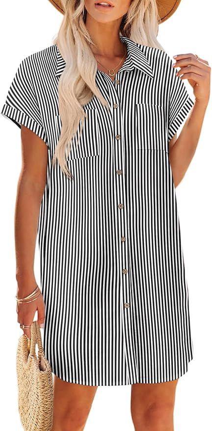 Zeagoo Summer Dresses for Women 2026 Cotton Button Down Short Sleeve Tshirt Dresses Casual Mini B... | Amazon (US)