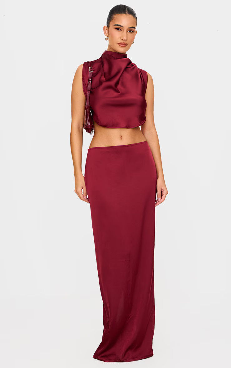 Burgundy Satin Maxi Mid Rise Skirt | PrettyLittleThing UK