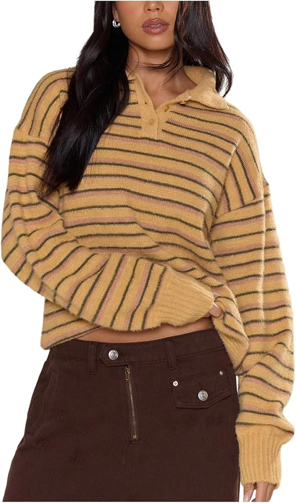 Women's Striped Lightweight Golf Sweaters Long Sleeve Collared Button Loose Fit Pullover Tops | Amazon (US)