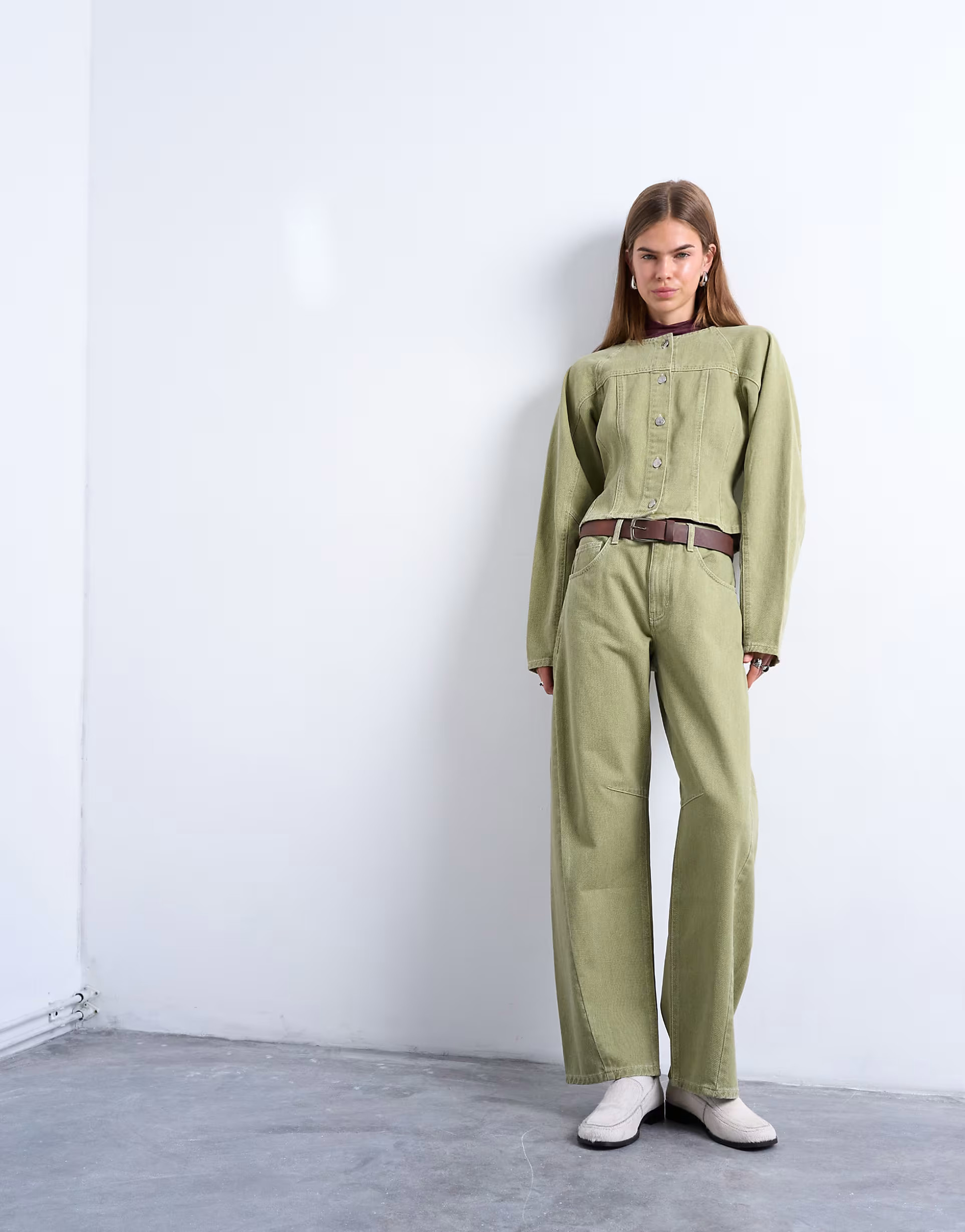 Topshop Barrel high rise jeans with seam details in avocado | ASOS (Global)