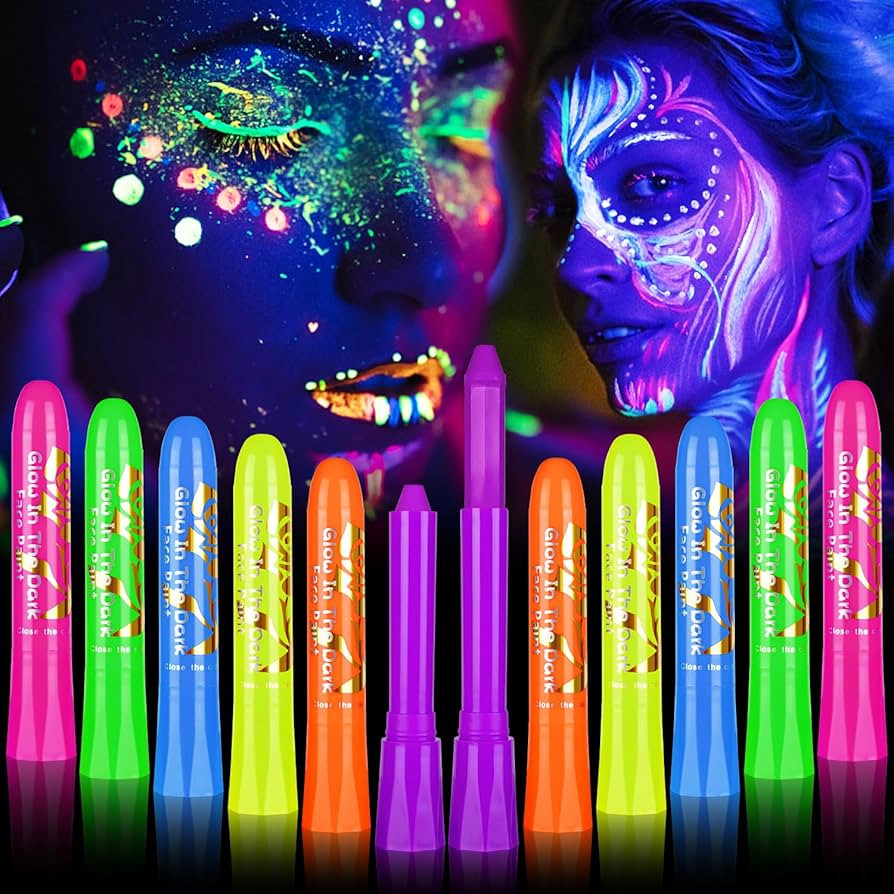 12Pcs Glow in The Black Light Dark Face Body Paint 6 Colors UV Neon Light Fluorescent Crayons wit... | Amazon (US)