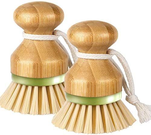 2PCS Bamboo Palm Dish Scrub Brush, Natural Bamboo Stiff Bristles Dish Scrubber - Wash Cast Iron P... | Amazon (US)