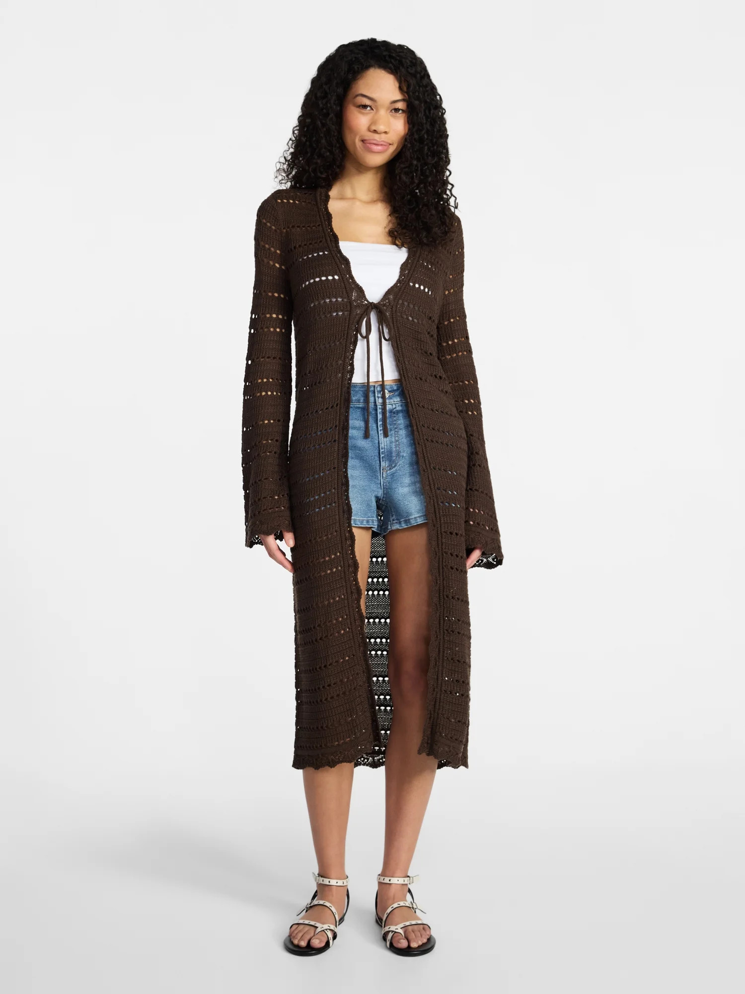 No Boundaries Tie Front Pointelle Duster, Women's Sizes XXS-XXL | Walmart (US)