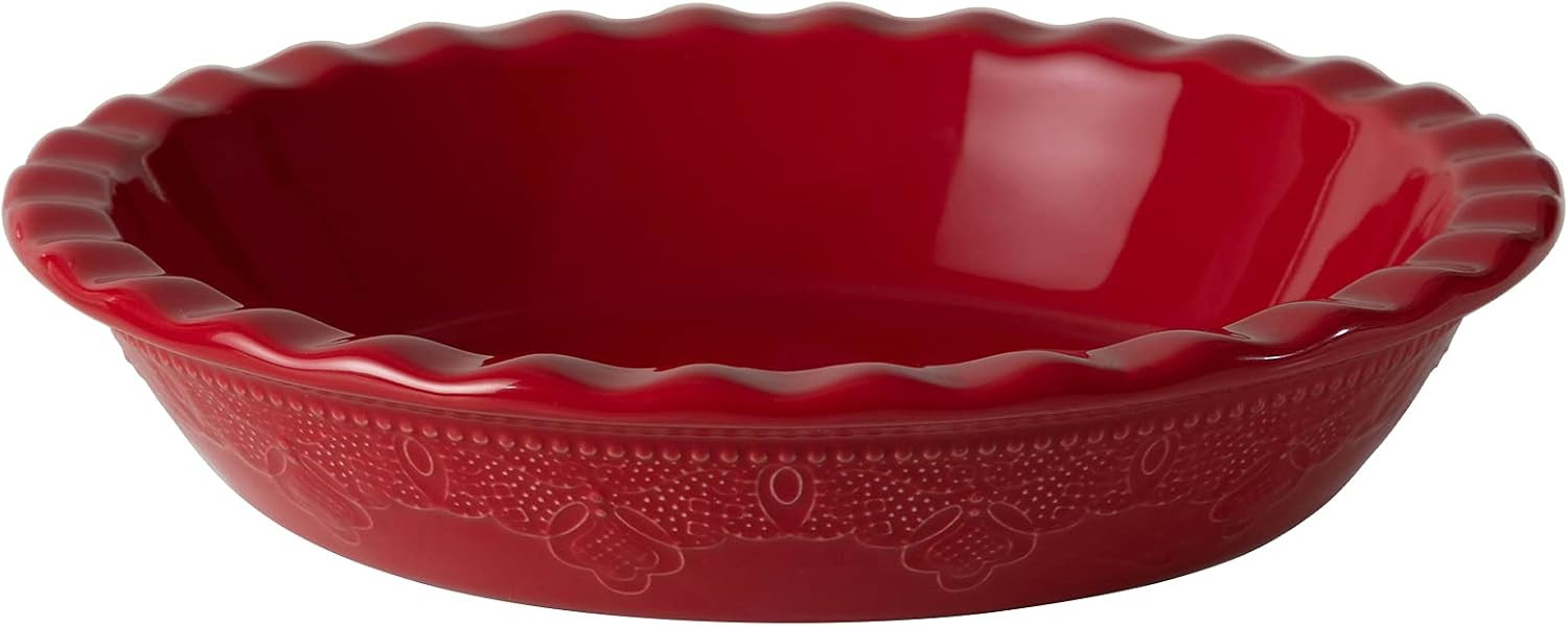 Fun Elements Pie Pan, 9 Inch Ceramic Pie Dish, Deep Dish Pie Pan with Lace Emboss, Ruffled Pie Plate for Baking, Thanksgiving Christmas Gifts(Christmas Red) | Amazon (US)