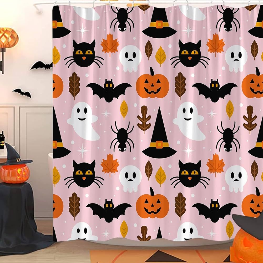 Pink Halloween Shower Curtain Cute Ghost Horror Pumpkin Spooky Black Cat Scary Skull Bat Magic Wi... | Amazon (US)