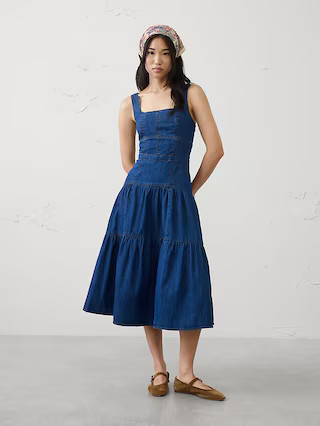 Square-Neck Tiered Denim Midi | Banana Republic Factory