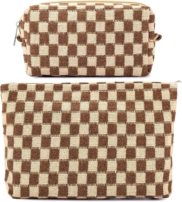 ZLFSRQ 2Pcs Checkered Makeup Bag for Women Large and Small Capacity Brown Cosmetic Bag Set Travel... | Amazon (US)