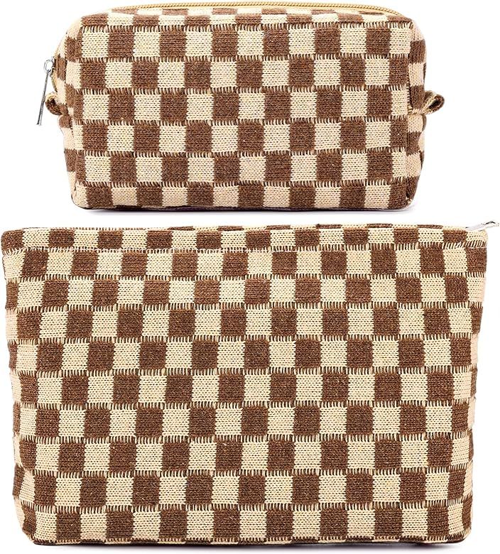 ZLFSRQ 2Pcs Checkered Makeup Bag for Women Large and Small Capacity Brown Cosmetic Bag Set Travel... | Amazon (US)