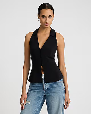 V-Neck Collared Button Front Split Hem Tailored Top | Express