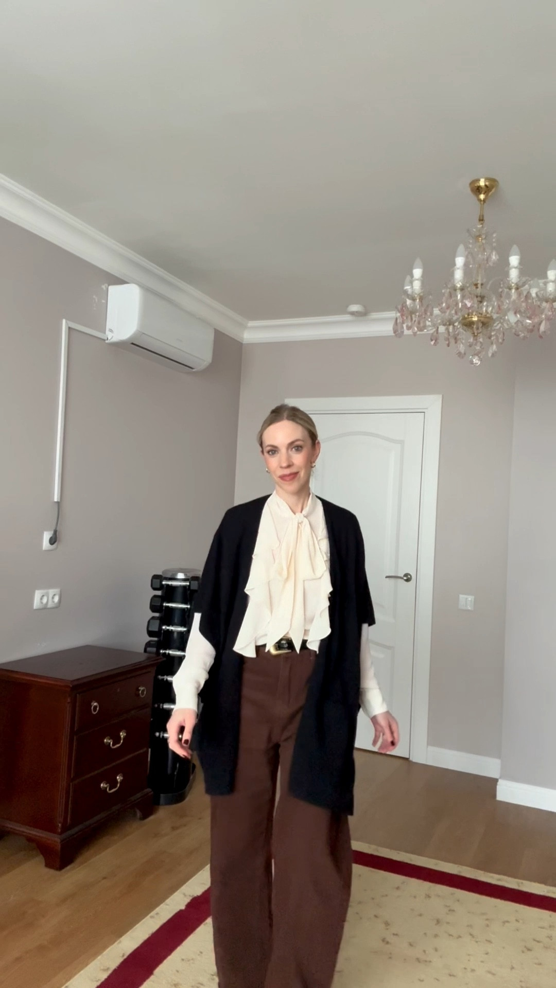 Workwear look, ruffle blouse, cashmere wrap, brown jeans, YSL belt, black and brown outfit, barrel jeans, spring outfit 

#LTKWorkwear #LTKspringtrends #LTKootd