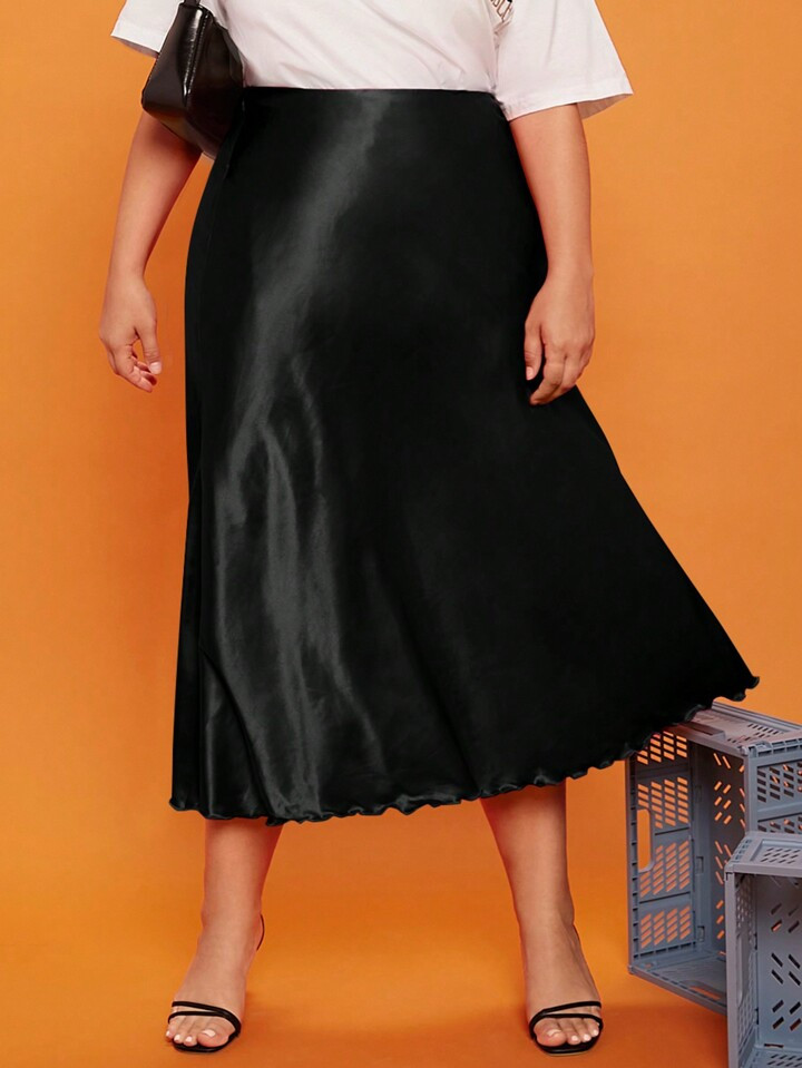 SHEIN Privé Plus Lettuce Trim Satin Skirt | SHEIN