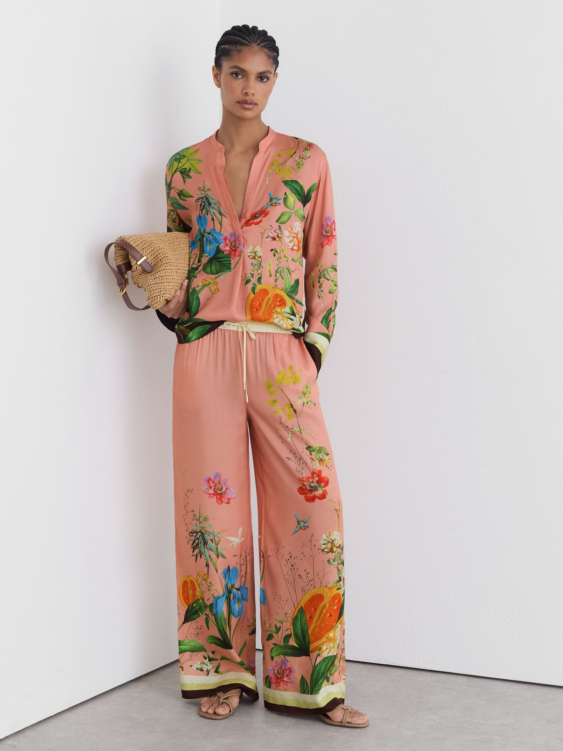 Tropical Scarf-Print Wide-Leg Trousers in Pink | Reiss UK