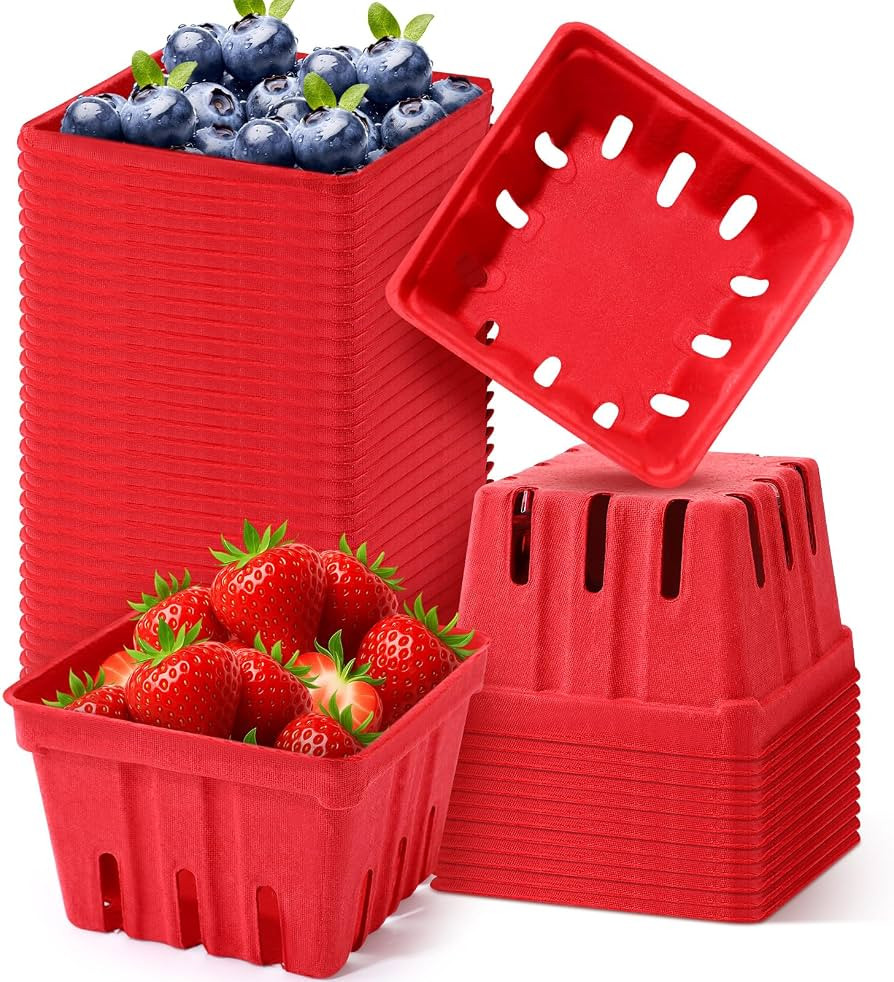 Mimorou 50 Pcs Red Natural Pulp Fiber Berry Baskets, 4.3 x 4.3 x 4.3 Molded Produce Vented Basket... | Amazon (US)