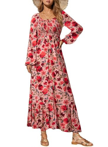 Dokotoo Womens Dresses 2026 Spring Summer Boho Floral Square Neck Smocked Long Sleeve Maxi Dresses Button Down Beach Vacation Clothes Country Concert Outfits Cute Casual Long Dress Pink Large | Amazon (US)