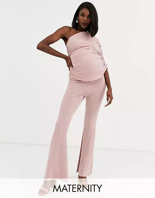 Queen Bee Maternity one shoulder ruched jumpsuit in pink | ASOS (Global)