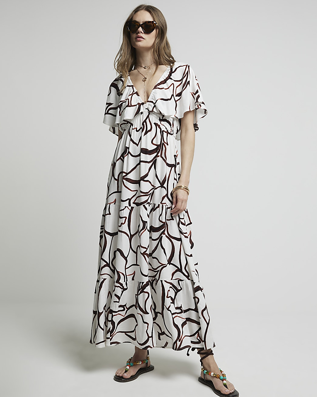 Brown abstract frill sleeve smock maxi dress | River Island (UK & IE)