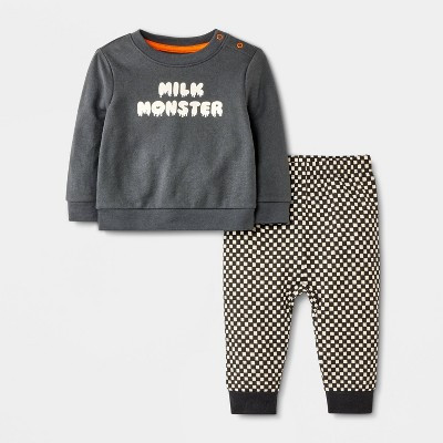 Baby Halloween Checkered Milk Monster French Terry Sweatshirt & Jogger Pants Set - Cat & Jack™ Black Newborn | Target