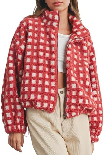 Esmeling Women’s Long Sleeve Cropped Sherpa Fleece Plaid Jacket Casual Chunky Teddy Fleece Oute... | Amazon (US)