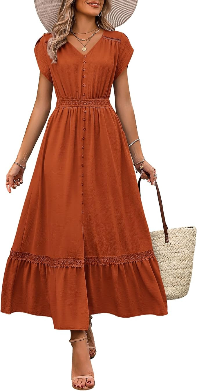 dowerme Women Summer Dresses 2024 Petal Sleeve V Neck Hallow Out Button Down Smocked A-Line Lace ... | Amazon (US)