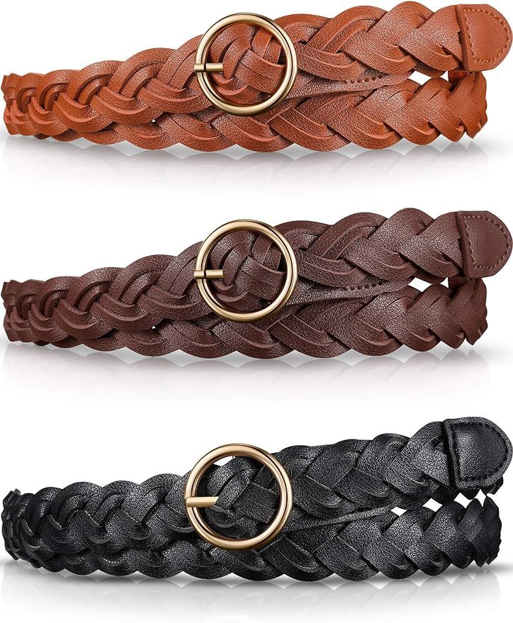 3 Pieces Women's Braided Leather Belt Skinny Woven Braided Belt O-Ring Buckle Leather Belt for Dr... | Amazon (US)