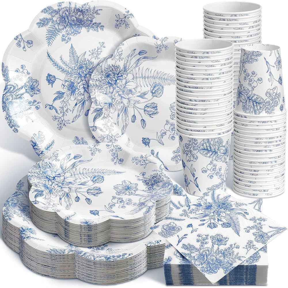 250 Pcs Blue Floral Disposable Plates and Napkins Blue and White Floral Paper Tableware Set for 5... | Amazon (US)