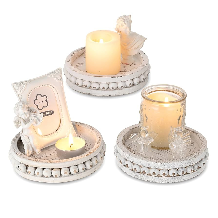 Hanobe Wood Candle Plate Holder: Small Candle Plate Set of 3 Decorative White Round Beaded Tray F... | Amazon (UK)