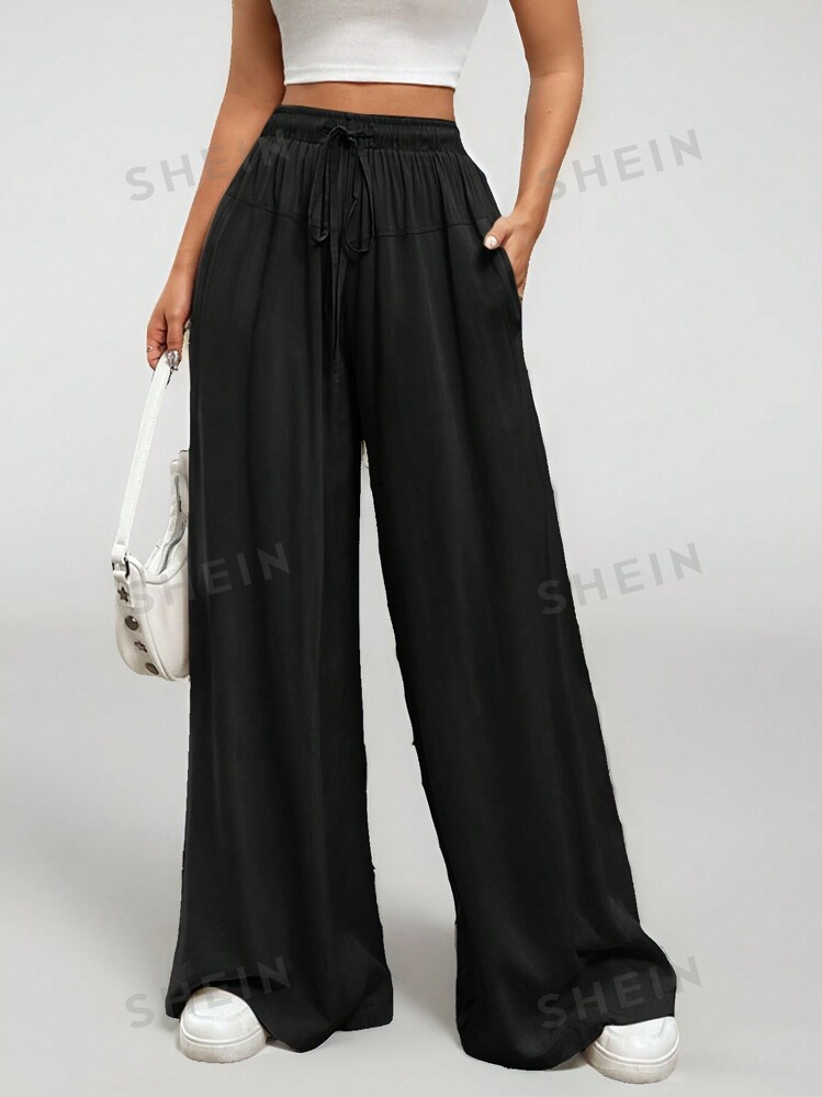 SHEIN Tall Women Spring/Summer Casual Solid Color Drawstring Wide Leg Flowy Pants | SHEIN
