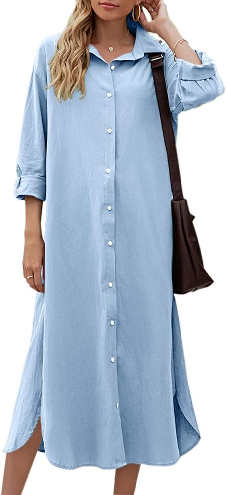 Sopliagon Women Cotton and Linen Shirt Dress Casual Loose Maxi Dresses | Amazon (US)