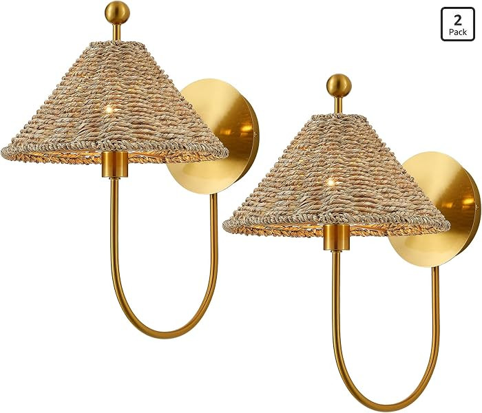 Boho Hand Woven Rattan Wall Scones Set of 2 Brass Wall Lamp Rustic Wall Lights for Bedside Hallwa... | Amazon (US)
