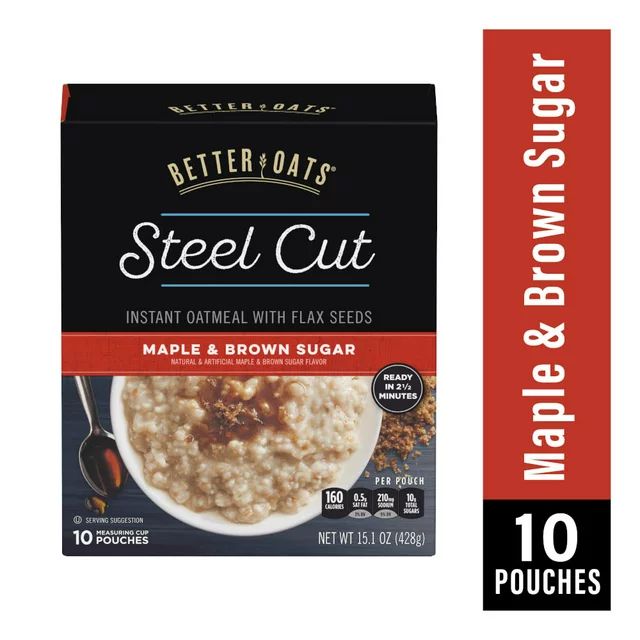 Better Oats Maple and Brown Sugar Steel Cut Oatmeal Packets with Flax Seeds, 10 Instant Oatmeal P... | Walmart (US)