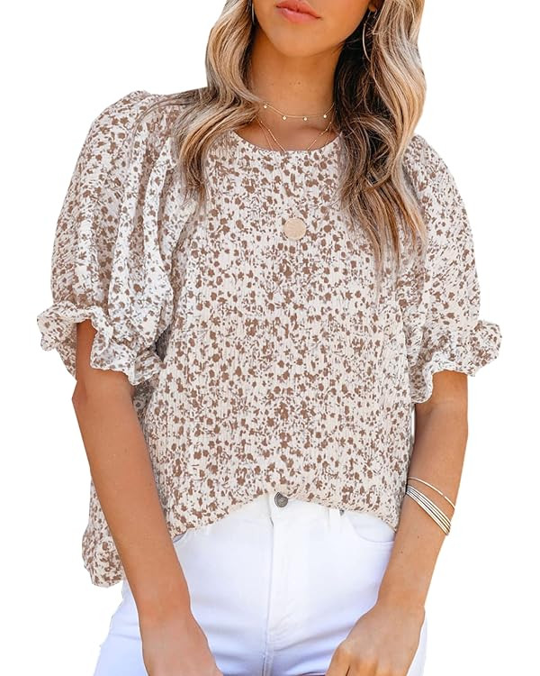 Dokotoo Floral Print Blouses for Women Crewneck Smocked Puff Sleeve Shirts Casual Babydoll Tops | Amazon (US)