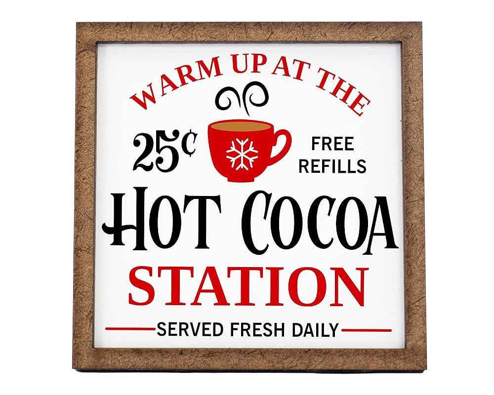 Hot Cocoa Station Sign - Christmas Decor - Tier Tray Sign - Mini Wooden Sign - Wood Sign - Shelf ... | Amazon (US)