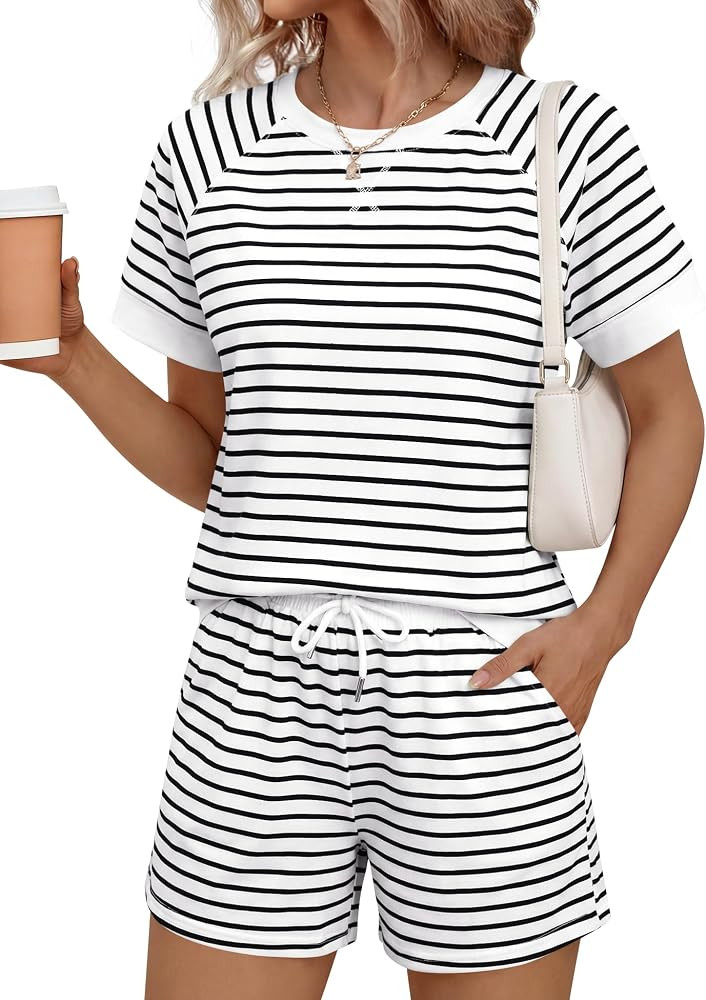 LOMON Women's 2 Piece Short Sets Summer Crew Neck Short Sleeve Matching Sets Outfits with Pockets | Amazon (US)