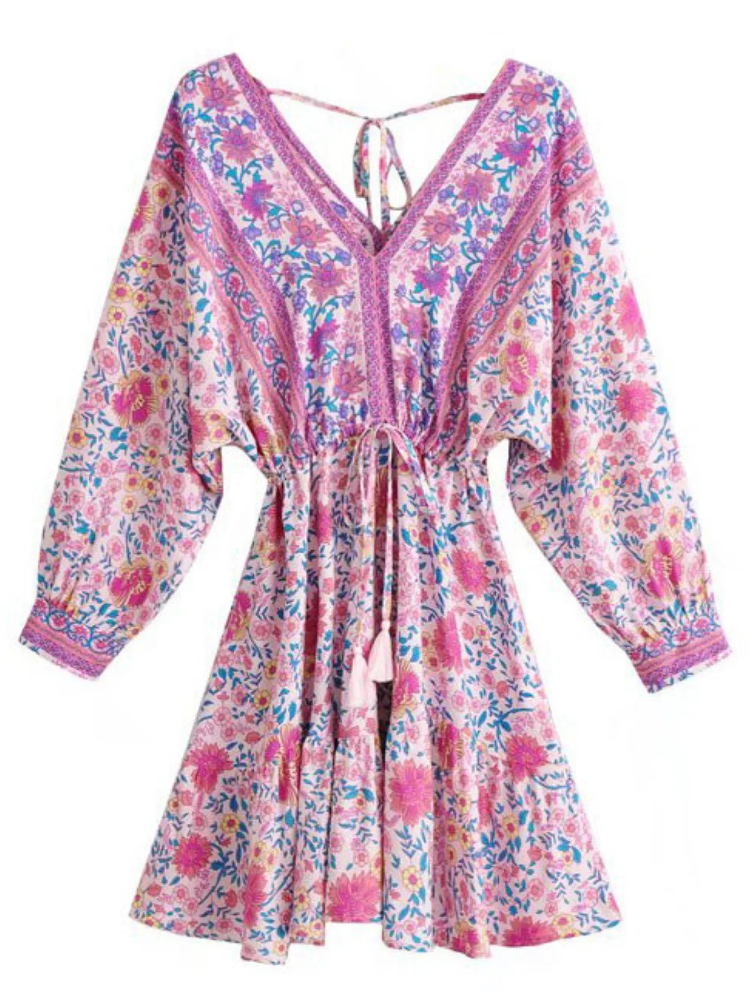 'Jenna' V-neck Bohemian Print Pink Tassel Dress | Goodnight Macaroon