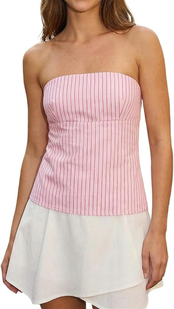 Women Y2k Peplum Tube top Strapless Bubble Bandeau Top Ruffle Hem Flowy Aesthetic Summer Going Ou... | Amazon (US)