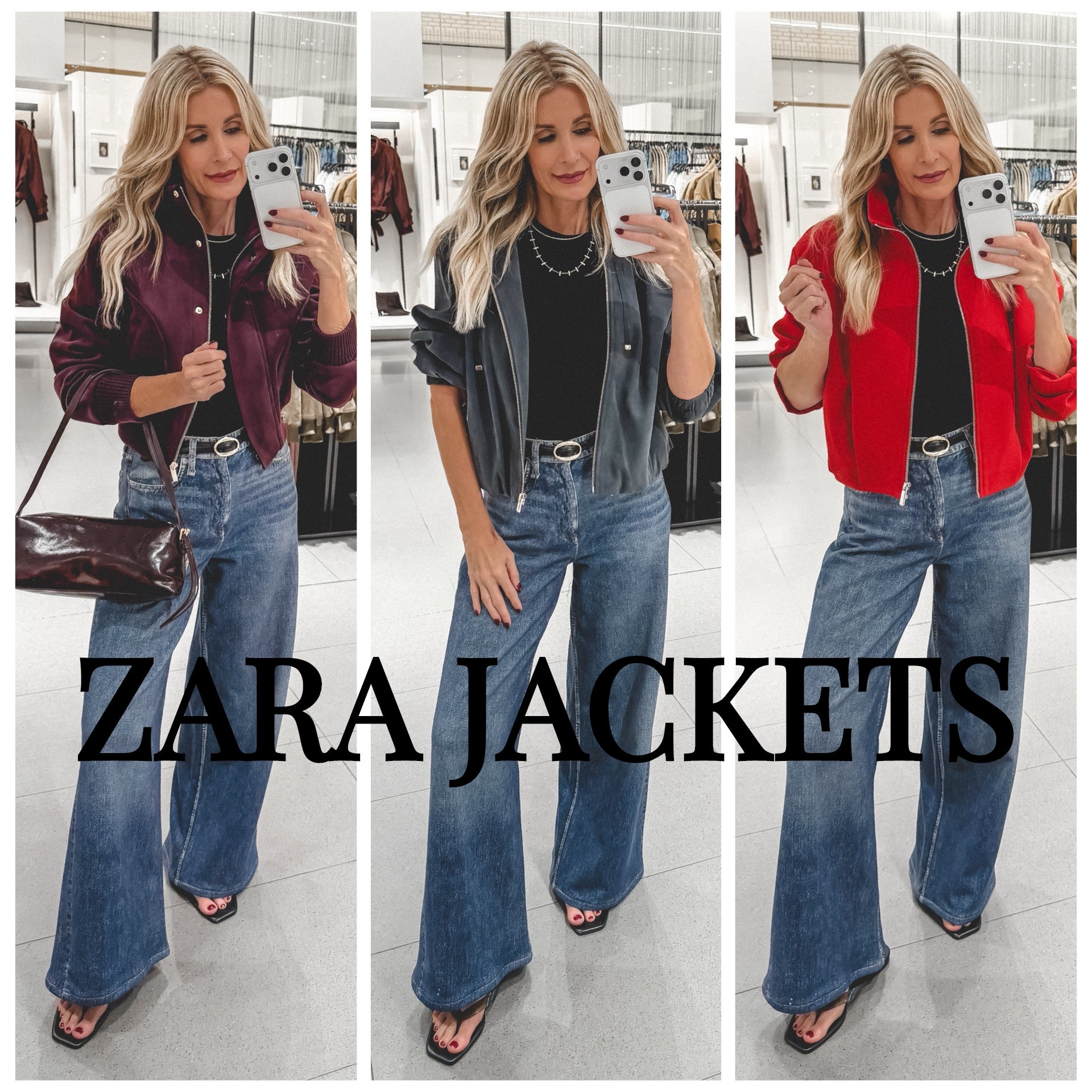 Three chic Zara jackets that instantly update a simple jeans-and-tee outfit for fall! From rich burgundy to charcoal gray and bold red, each cropped jacket defines the waist and pairs perfectly with wide-leg denim. I’m wearing an XS in all three jackets and an XS in the jeans. #ZaraJackets #FallJackets #WideLegJeans #FashionOver40
 

 #LTKootd #LTKSeasonal #LTKOver40