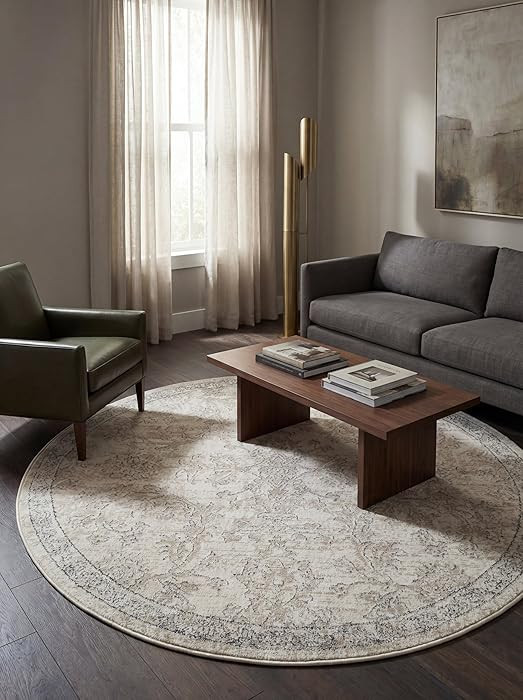 Rugs.com Oregon Collection Rug – 5 Ft Round Ivory Low-Pile Rug Perfect for Kitchens, Dining Roo... | Amazon (US)